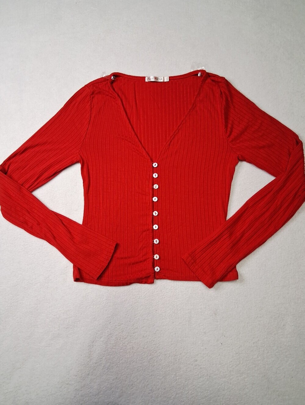Heart & Hips Red Ribbed Long Sleeve Button-Front Top